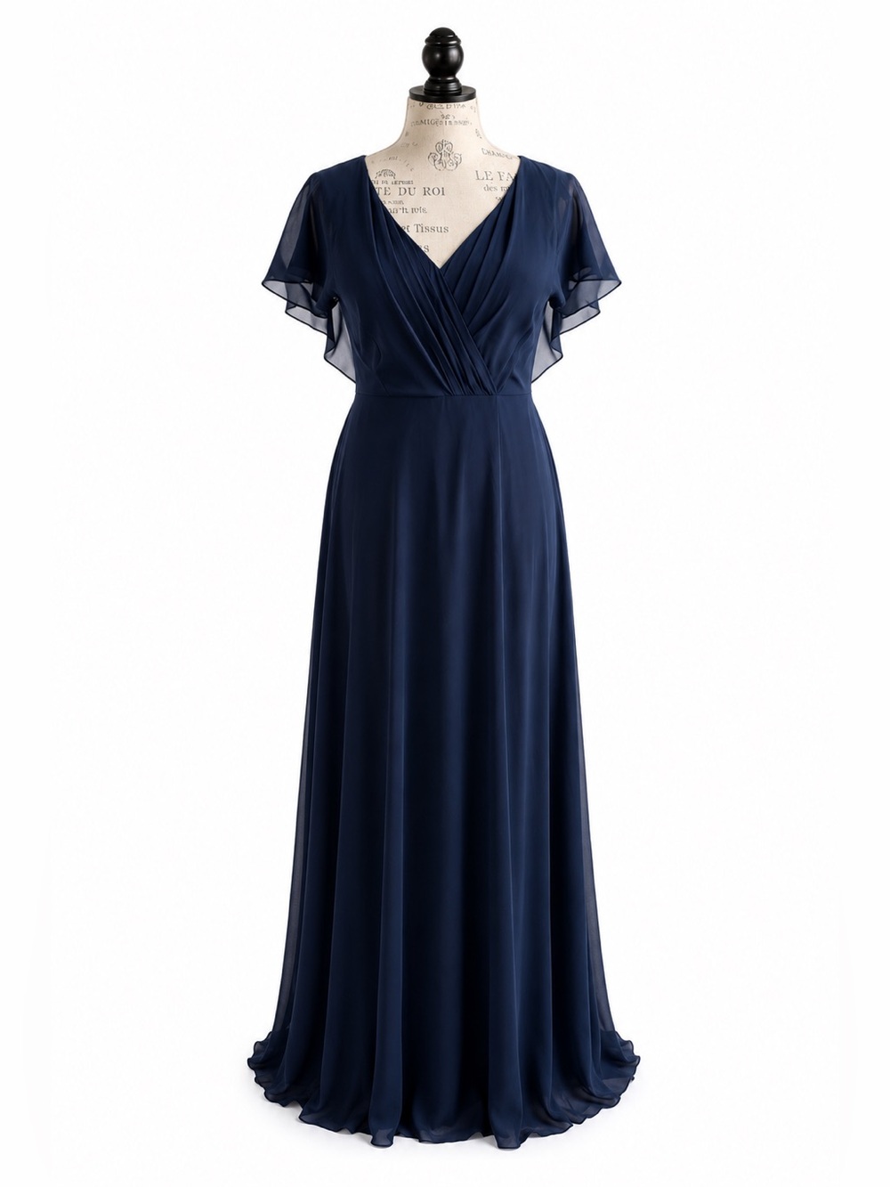 Azazie Rylee Maxi Bridesmaid Dress Womens 4 Navy Blue Chiffon Flutter Sleeve NWT